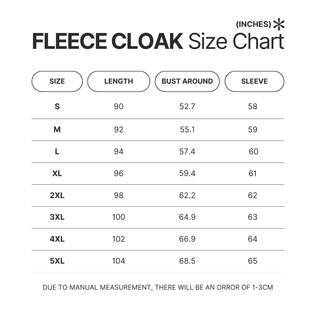 Fleece Cloak Size Chart - One Piece UK Shop