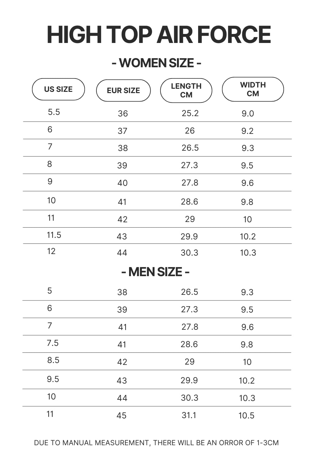 High Top Air Force Shoes Size Chart - One Piece UK Shop